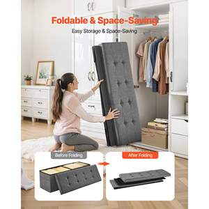 Banco Otomano Plegable Gris Grande con Almacenamiento, Tapizado, para el Lado de la Cama, con Bolsas Laterales, Capacidad de 660 Libras, Parte Superior de Lino, para Sala de Estar, Dormitorio, Entrada - Product Image 4