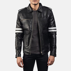 Men's Black Genuine <b>Leather</b> Biker <b>Jacket</b> with White Sleeve Stripes Zip Front Motorcycle Rider Casual Fashion Outerwear Custom - Product Image 1