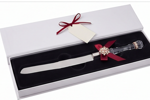 Elegant Cake Knife Set With Crystal Flower Handle And Red <b>Ribbon</b> Decor 2-Piece Stainless Steel Cake Server For <b>Wedding</b> Events - Product Image 4