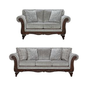 Hernen Gray <b>Sofa</b> and Loveseat Set with Carved <b>Wood</b> <b>Frame</b> Elegant Living Room Furniture - Product Image 5