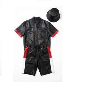 Men's Leather Color-Block Set Black Red <b>White</b> Bomber <b>Jacket</b> & Shirt Shorts Genuine Leather <b>Waterproof</b> Breathable Winter Outfit - Product Image 1