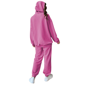 Ensemble de survêtement 2 pièces pour femme, sweat à capuche rose et pantalon de jogging, en mélange de coton molletonné, vêtements décontractés, fabricant sur mesure OEM - Product Image 2