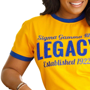 T-shirt en chenille Sigma Gamma Rho Legacy pour femme, broderie or et bleu, mélange de coton, manches courtes, coupe décontractée et élégante - Product Image 2