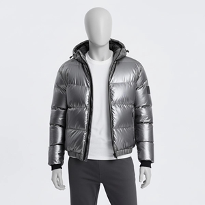 Men's Hooded <b>Puffer</b> <b>Jacket</b> <b>Silver</b> Metallic Glossy Quilted Windproof Winter Coat Outerwear - Product Image 1