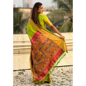<b>Club</b> <b>Dresses</b> Parrot Green Yeola Paithani Silk Saree Woven with Zari Nath by Artisans Elite Weaves 0.65g - Product Image 2
