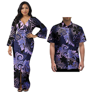 Hawaiian Vintage Style Slim Casual Maxi Dress and Men's Shirt Solid Natural Waist Woven Drop Shipping Low MOQ Couple Outfit - Product Image 3