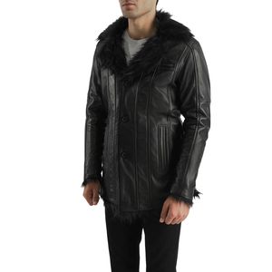 Chaqueta de Cuero Negra para Hombre con Cuello de Piel Sintética, Forro de Piel Sintética, Abrigo Largo Cortavientos para Invierno - Product Image 4