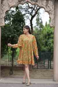 Vestido corto con estampado de bloque de mano indio para mujer, vestido informal de verano de algodón, vestido largo corto de estilo bohemio, tela de cintura Natural - Product Image 3