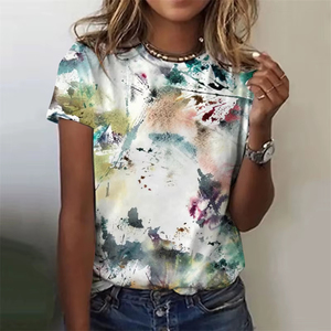 T-shirts pour femmes à imprimé floral tendance, col rond, manches courtes, en jersey respirant pour l'été - Product Image 3