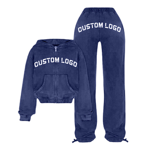 Custom Manufacturer Oversized French Terry Acid Wash Distressed Embroidered <b>Zip</b> <b>up</b> <b>Cropped</b> Hoodie Women Two Piece Tracksuit Set - Product Image 6