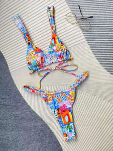 Conjunto de Bikini Sólido para Mujer, Sexy, con Cuello Redondo, Traje de Baño de Dos Piezas, con Aros, Relleno Extraíble, Tanga Ajustable, Ropa de Playa - Product Image 6
