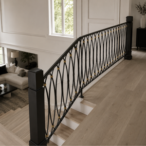 Rampe d'escalier en fer forgé noir et or de luxe, design en treillis diamanté pour escalier intérieur de villa, panneau de balustrade - Product Image 1