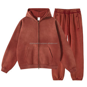 Survêtements évasés personnalisés avec fermeture éclair 500 GSM combinaison de jogging à jambe droite survêtement en détresse ensembles de sweats à capuche et de pantalons de survêtement pour hommes - Product Image 3