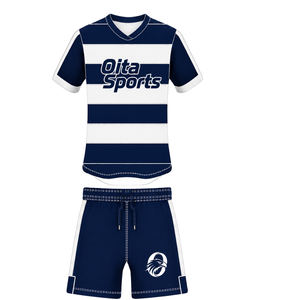 Conjunto de Uniforme de Rugby Azul Marino y Blanco de Manga Corta, Jersey de Rugby a Rayas con Cuello Redondo, Pantalones Cortos con Cordón, Ropa Deportiva para Entrenamiento - Product Image 1
