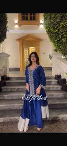 <b>Women</b> Blue Embroidered Silk <b>Kurta</b> With White Palazzo Traditional Party Wear Ethnic Set - Product Image 3