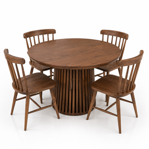 Ensemble de table à manger ronde en bois de style mid-century modern avec 4 chaises à dossier à lattes pour la salle à manger - Product Image 1