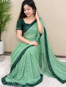 Sari en Georgette Vert Brodé pour Femme K V International, avec Blouse Non Cousue, Séchage Rapide, Style Traditionnel, en Nylon, pour Mariage - Product Image 2