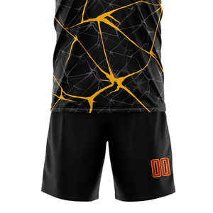 Uniforme de Fútbol para Hombre, Conjunto de Camiseta y Pantalones Cortos Sublimados, Diseño Agrietado Negro y Amarillo, Cuello Redondo, Ajuste Atlético, Absorbe la Humedad - Product Image 5