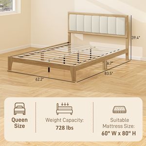 Letto matrimoniale Queen con telaio e doghe in legno, facile da montare, non richiede rete a molle, colore naturale, con testiera - Product Image 3