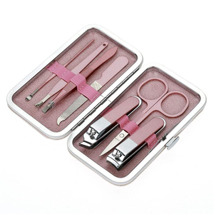 Ensemble de manucure portable en acier inoxydable rose 7 en 1 avec logo personnalisé, étui de voyage, coupe-ongles, ciseaux et outils de toilettage - Product Image 3