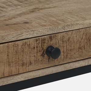 Table basse industrielle moderne en métal et bois massif en bois de manguier, finition naturelle et noire, avec tiroirs de rangement, table de salon - Product Image 6