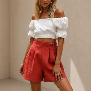 Shorts Oxford Verts Taille Haute pour Femme avec Cordon de Serrage Coupe Droite Couleur Unie Style Décontracté Respirant 100% Coton - Product Image 4