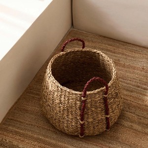 Handwoven Seagrass Storage <b>Basket</b> With Red Handles Multi-Purpose Organizer For Home, Laundry, Toys & Decor, Durable Design - Product Image 1