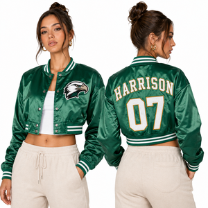 Chaqueta Deportiva Corta de Satén Personalizada para Mujer, con Logotipo del Equipo Bordado en la Parte Delantera, Nombre y Número del Jugador en la Parte Trasera, Estilo Varsity Bomber, Proveedor Exportador - Product Image 3