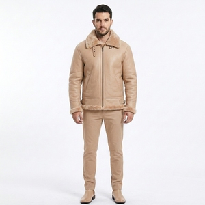 Veste aviateur en cuir véritable beige pour homme avec doublure en fausse fourrure, fermeture éclair, ceinture à la taille, vêtement d'hiver - Product Image 4