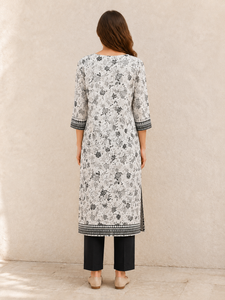 <b>White</b> Color Printed Kurti Round Neck 3/4 Sleeves Straight Long Tunic Top <b>women's</b> set Casual Daily Wear Clothes Wholesale Supply - Product Image 4