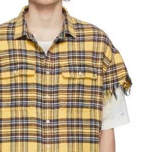 Camisa de Franela Personalizada con Pedrería, Corte Cropped, Dobladillo sin Rematar, Abotonada, Diseño Cuadrado Lavado, Manga Larga, Estilo Streetwear - Product Image 4