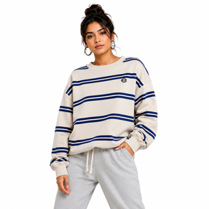 Sudadera de Manga Larga para Mujer, Cuello Redondo, Rayas, Algodón, Felpa, Hombros Caídos, Corte Holgado, Estilo Urbano, con Impresión de Logotipo Personalizado - Product Image 1