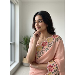 Sari Floral Hecho a Mano con Bordado y Encaje para Fiestas - Product Image 4