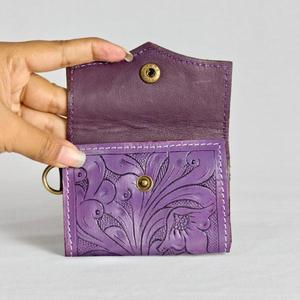 Vintage Genuine Leather <b>Card</b> Holder With <b>Embossed</b> Floral Pattern Snap Closure Single Strap Women's Daily Use - Product Image 4