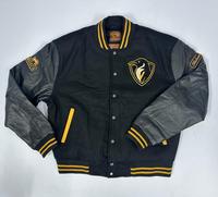 Blouson universitaire d'hiver sur mesure pour homme, manches en cuir véritable, logo chenille pingouin sur le devant, corps en laine, patchs brodés Mceasta