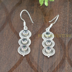 Boucles d'oreilles pendantes triple cercle en argent sterling 925 avec topaze mystique, faites à la main, style bohème, vintage, bijoux pour femme, cadeau pour elle - Product Image 3