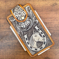Funda de Cuero Genuino de Lujo para Celular Estilo Vaquero Occidental con Pelo de Vaca Metálico y Pasador para Cinturón de Alta Calidad y Personalizada