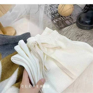 Top Trending Women's Wide Leg <b>Pants</b> Solid Color Full Length Loose Fit Mid Waist Drawstring Casual Knitted Cotton <b>Spandex</b> <b>Pants</b> - Product Image 5