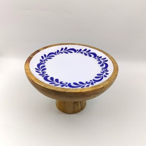 Handmade Eco-Friendly Wooden Cake Stand with Blue Leaf Pattern <b>Round</b> <b>Serving</b> <b>Tray</b> for Dessert Display Hand Wash Only 1 Piece - Product Image 1