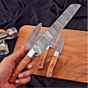 Juego de Cuchillos de Chef de Acero de Damasco de Alta Calidad, 5 Piezas, OEM/ODM, Personalizables, Hojas con Borde Biselado y Punta Caída, Mangos de Madera de Olivo, 3 Años de Garantía - Product Image 4