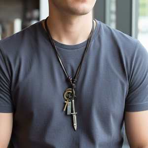 Fashion Necklace Knight Silver Sword 2.5-Inch Stainless Steel Pendant with Adjustable Leather <b>Rope</b> for Men & Boys - Product Image 1