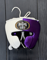 Ensemble de sparring de boxe artisanal violet et blanc, best-seller, en cuir de vachette véritable, personnalisé, « No Boxing No Life »