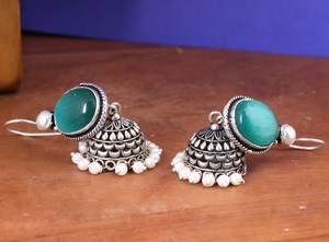Factory Wholesale Oxidized Silver Green <b>Cat</b> Eye Stone Jhumka <b>Earrings</b> Handmade Ethnic Boho Pearl Drop <b>Earrings</b> for Women - Product Image 5