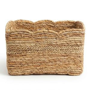100% Natural Water Hyacinth Woven Storage Basket Bohemian Style Handwoven Scalloped with Handles Rectangular Shape - Product Image 2