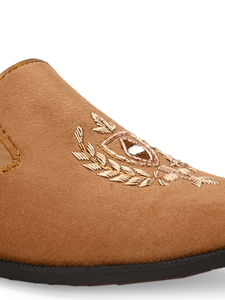 Asken Atelier Premium Men's Tan Brown Velvet High Top <b>Shoes</b> <b>Embroidered</b> Crest Design Breathable Anti-Slip Slip-On Genuine - Product Image 3