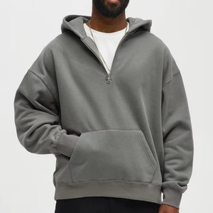 420 Grams Men's Grey Half-<b>Zip</b> <b>Hooded</b> Sweatshirt with Front Pocket Loose Fit Casual Pullover Ribbed Cuffs and Hem - Product Image 1