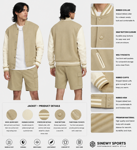 เสื้อแจ็คเก็ตวาร์ซิตี้ผู้ชาย SINEWY SPORTS ผ้าวูลผสมสีเบจ ลายทาง คอริบบ์ ติดกระดุมแป๊ก สวมใส่สบายๆ ในฤดูใบไม้ร่วง - Product Image 1