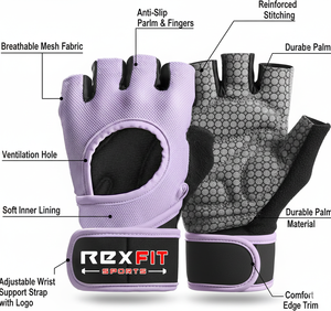 Rexfit Silk <b>Half</b> Finger Gym Gloves Purple Mesh Breathable Non <b>Slip</b> Adjustable Wrist Strap for Weight Lifting Unisex - Product Image 4