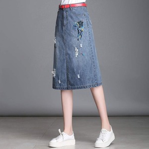 Women's Straight Denim <b>Knee</b>-Length Skirts <b>High</b> Waist Embroidery Vintage Floral Print Ripped Y2K Street Fashion Autumn - Product Image 3