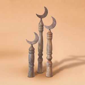 Handcrafted Wooden Moon Finial Stand Set For <b>Rustic</b> <b>Home</b> & Eid <b>Decoration</b>. Elegant Turned Pillars, Unique Tabletop Accents - Product Image 1